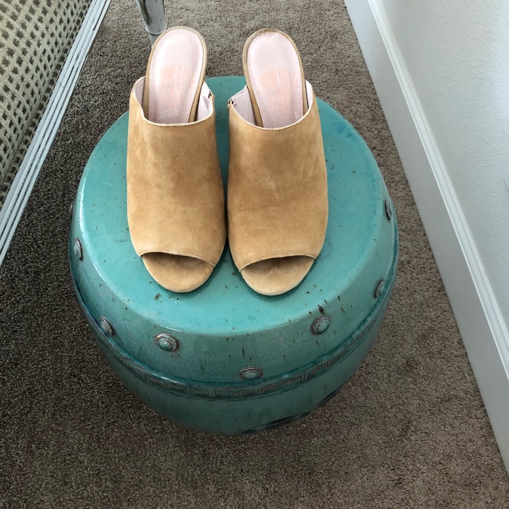 Charlotte Stone light tan suede tan mule heels
